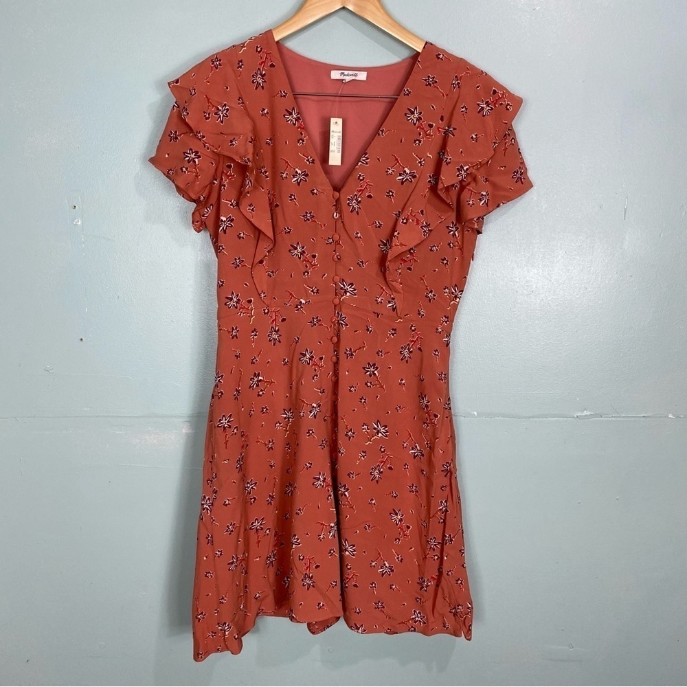 Madewell AB302 Flutter Sleeve Button‎ Ginger Floral Dress Mini Sz 6